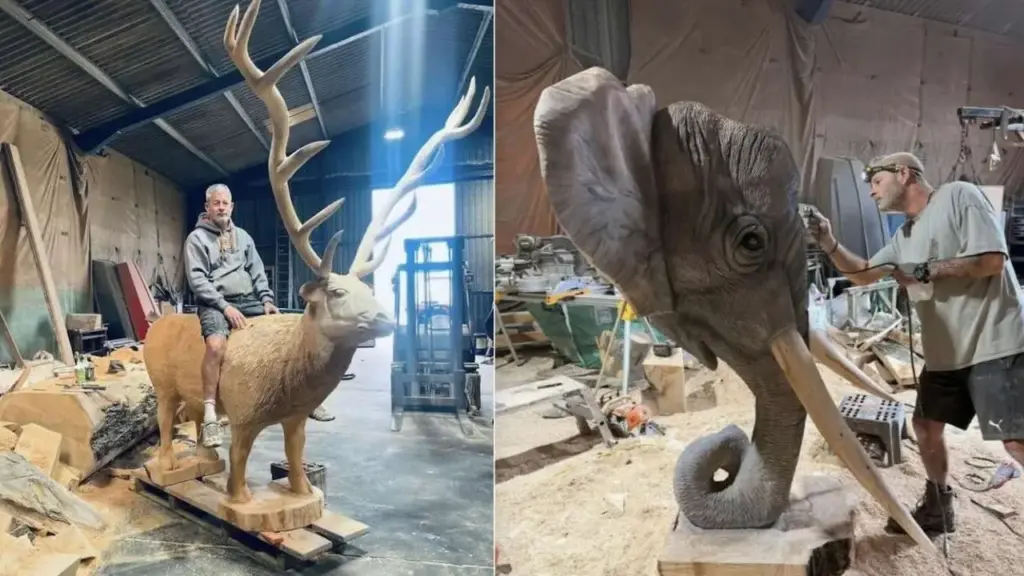 Aos 53 anos, artista autodidata transforma troncos gigantes em esculturas realistas usando apenas motosserra, trabalha até 3 dias em cada peça sem desenho prévio e já criou obras de 6,7 metros que podem valer até US$ 9,5 mil; após quase 30 anos na profissão, admite que faz com a ferramenta “tudo o que não deveria”