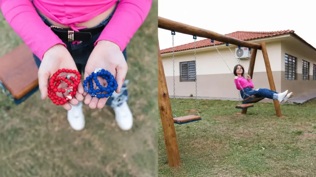 Aos 8 anos, Menina pergunta por que sua escola não tinha parquinho, pede ajuda à mãe para fabricar pulseiras de miçangas, começa a vender os acessórios, mobiliza comerciantes e voluntários e transforma um espaço vazio em área de R$ 1.800 com três balanços e duas gangorras para centenas de alunos