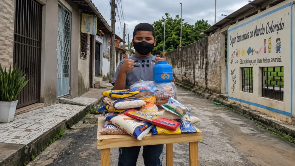 Aos 9 anos, menino abre mão dos R$ 50 guardados para comprar um videogame, transforma a própria economia em prêmio de uma rifa, mobiliza até desconhecidos em Fortaleza e ajuda a arrecadar alimentos suficientes para montar e entregar 15 cestas básicas a famílias de Sapiranga