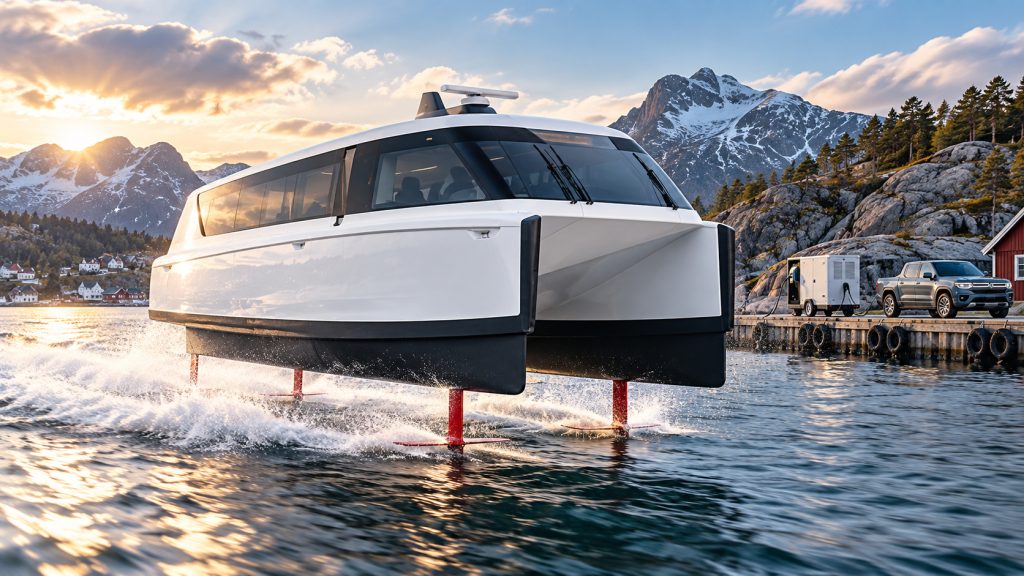 Balsa elétrica percorre 296 km entre Suécia e Noruega, levanta o casco sobre a água e usa bateria rebocada por caminhonete para recarregar