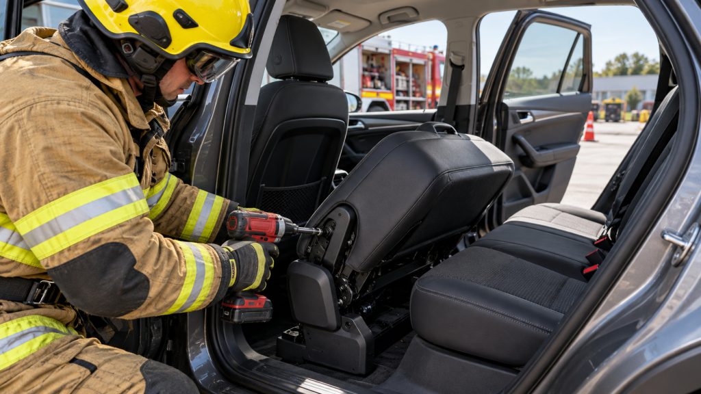 Banco de resgate Renault é destravado com parafusadeira pelos bombeiros, deita o encosto dianteiro e facilita a retirada de vítimas pela traseira do carro Banco de resgate Renault é destravado com parafusadeira pelos bombeiros, deita o encosto dianteiro e facilita a retirada de vítimas pela traseira do carro