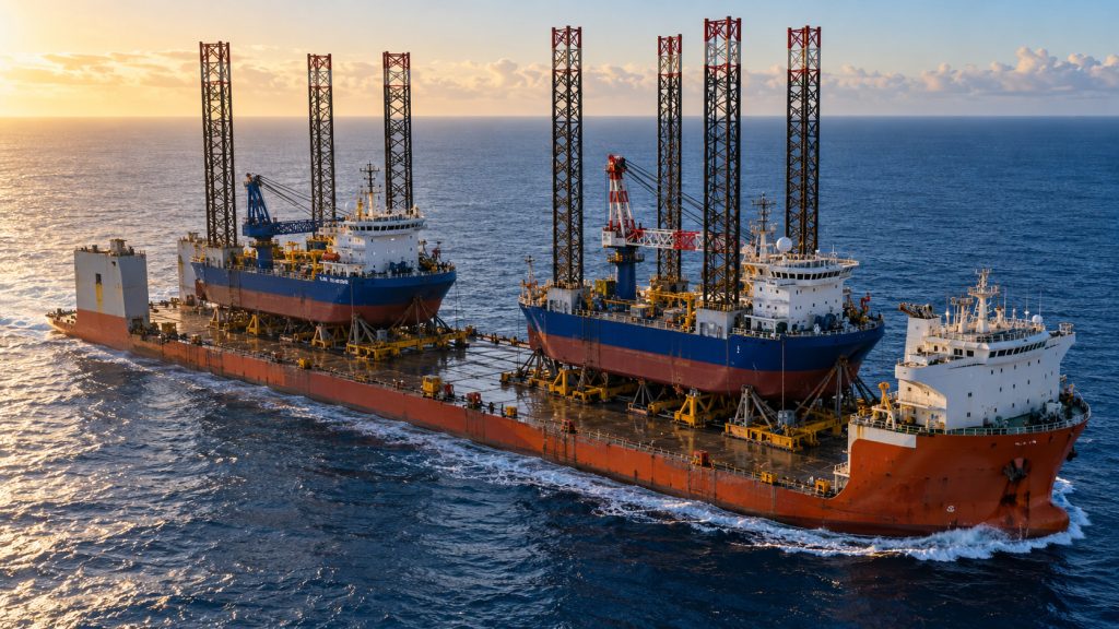 Dois barcos autoelevatórios cruzam o oceano sobre um terceiro navio rumo ao Brasil e a um contrato de R$ 1,2 bilhão com a Petrobras