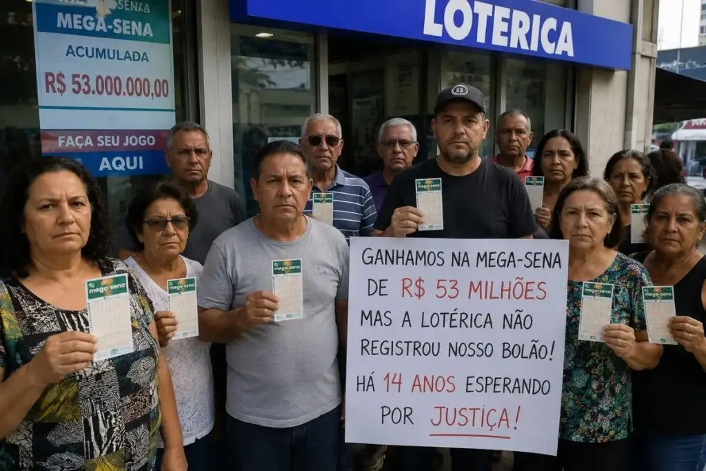Bolão de 40 moradores acerta a Mega-Sena de R$ 53 milhões, descobre que a funcionária da lotérica não registrou as apostas e espera há 14 anos na Justiça pelo prêmio que nunca saiu