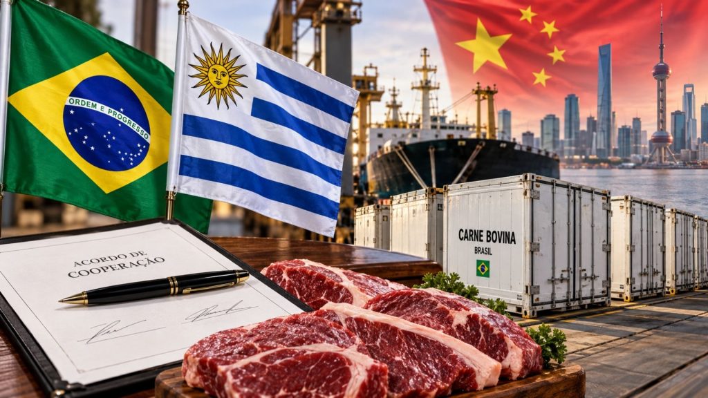 Brasil pode ganhar espaço para exportar cerca de 80 mil toneladas adicionais de carne à China após acordo anunciado com o Uruguai