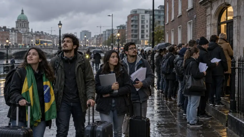 Brasileiros chegam à Irlanda atraídos pelo inglês, salários em euro e oportunidades para estudar e trabalhar, mas enfrentam chuva constante, burocracia migratória, custo de vida elevado e uma disputa intensa por moradia em Dublin, enquanto o mercado de tecnologia continua absorvendo profissionais estrangeiros