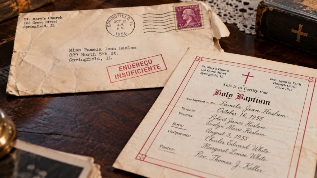 Carta enviada por igreja em 1955 reaparece 71 anos depois com certidão de batismo de mulher que morreu em 1996, traz carimbo de “endereço insuficiente” e inicia busca por familiares enquanto ninguém consegue explicar onde o envelope ficou durante quase sete décadas
