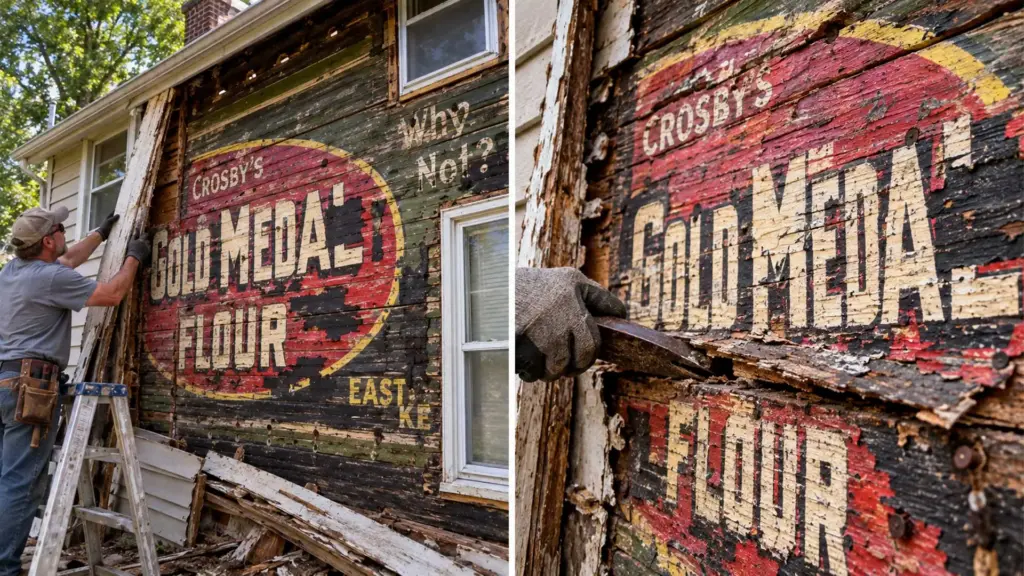 Homem começa a retirar revestimento de casa de 1915 durante reforma e encontra enorme anúncio pintado escondido havia 110 anos, pesquisa endereço e descobre que imóvel era uma antiga mercearia transferida de outro terreno após incêndio