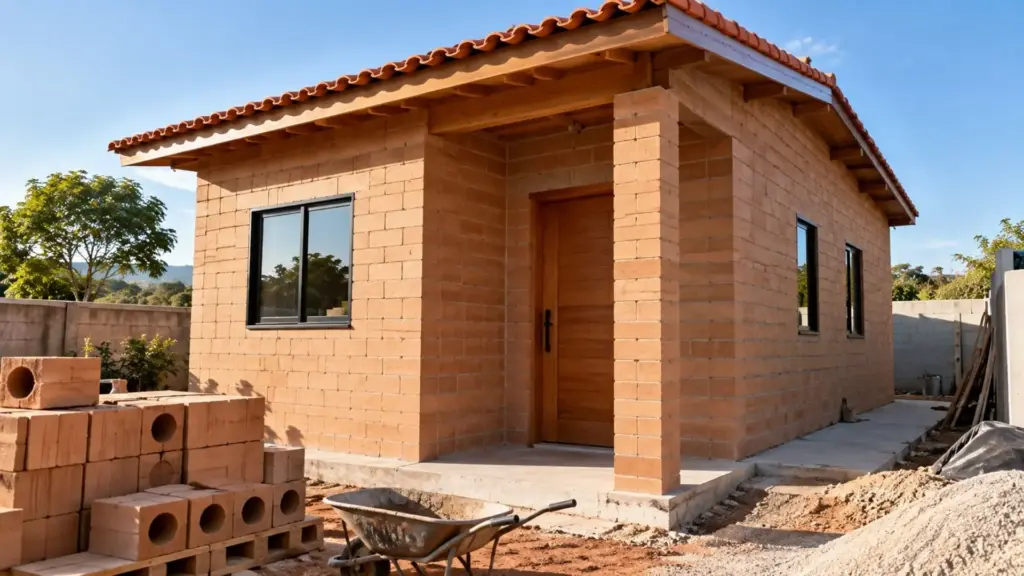 Casa de 48 m² feita com tijolo ecológico pode custar entre R$ 65 mil e R$ 110 mil, reduzir gastos com argamassa e revestimentos e aproveitar canais para instalações, mas economia final depende de frete, mão de obra, acabamento e projeto pensado para o sistema
