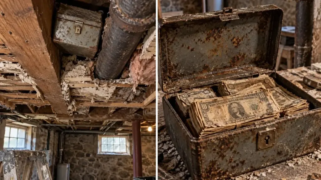 Casal abre o teto do porão durante reforma de uma casa dos anos 1940, encontra caixa metálica escondida entre uma viga e um cano com US$ 23 mil em notas antigas e, uma semana depois, volta ao mesmo ponto e acha outra caixa, elevando a descoberta para cerca de US$ 45 mil