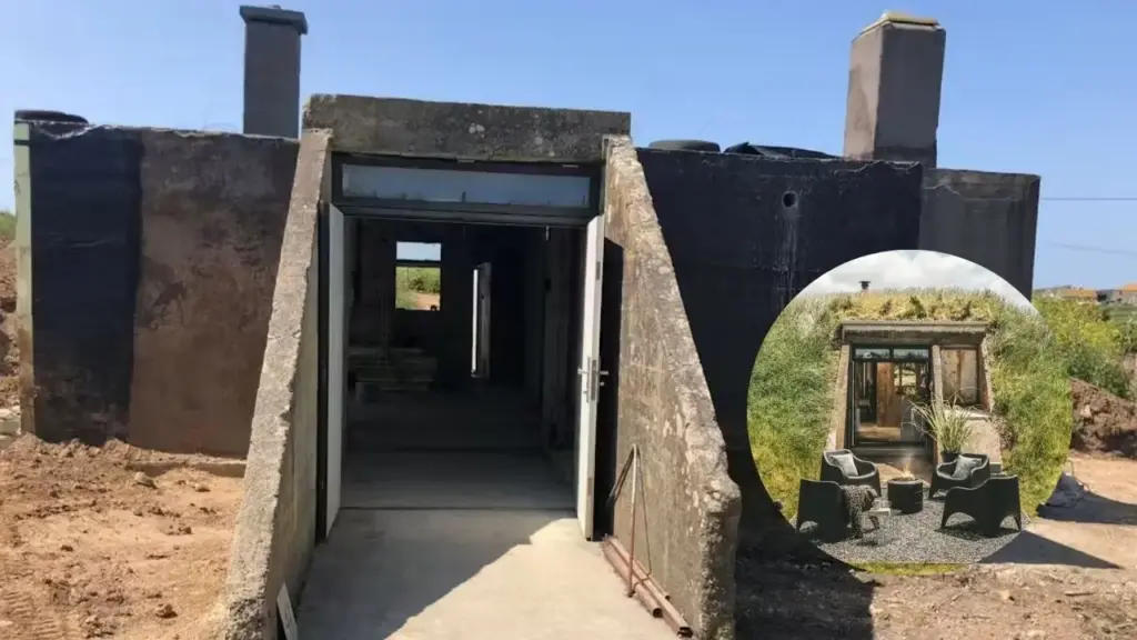 Casal compra bunker subterrâneo da Segunda Guerra Mundial por cerca de £ 290 mil, encontra estrutura abandonada sem água nem eletricidade e usada como depósito de gado, desenterra o concreto à prova de bombas, abre novas entradas, cava valas de quase 2 metros e, após três anos e £ 300 mil em obras, transforma tudo em casa de férias de luxo
