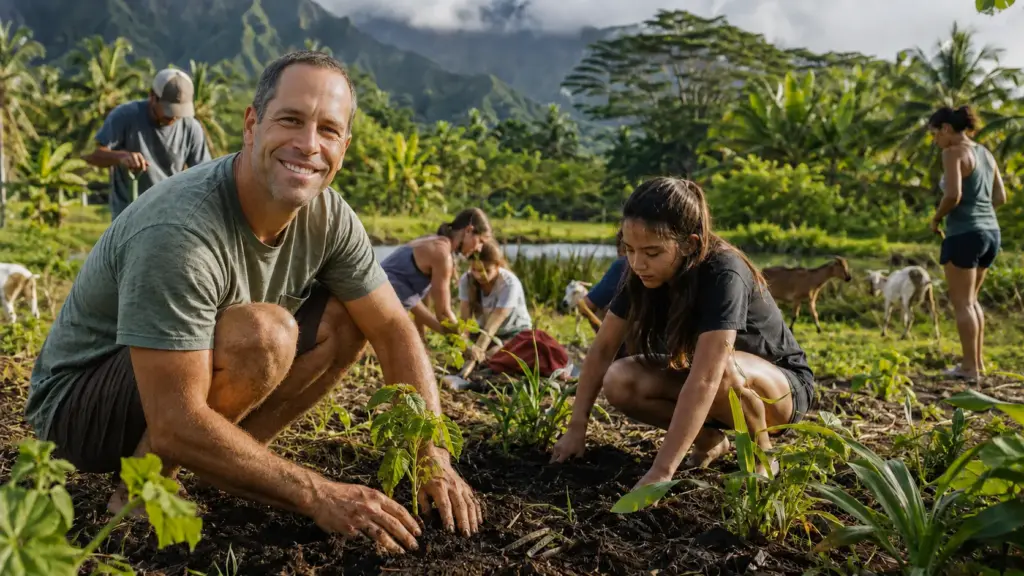 Aos 51 anos, Jack Johnson transformou terreno de 3,2 hectares no Havaí em uma fazenda comunitária, onde preserva área úmida nativa, cultiva frutas e vegetais, mantém apiário e cabras e recebe estudantes e até 100 voluntários para atividades de educação e recuperação ambiental