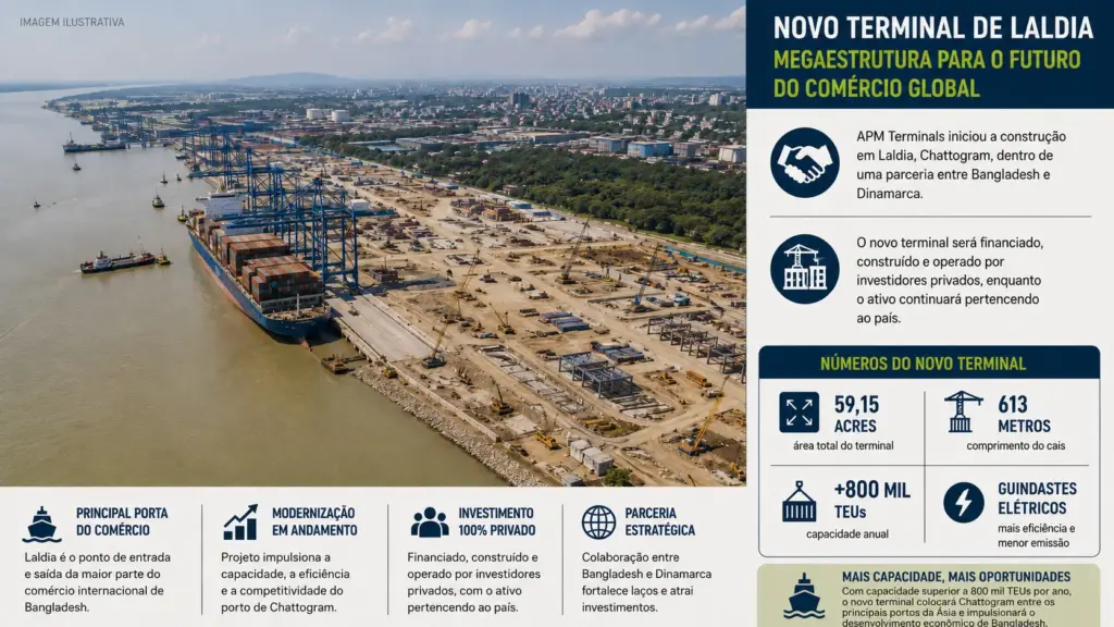 Novo terminal ocupa 59,15 acres, terá cais de 613 metros, guindastes elétricos e capacidade superior a 800 mil TEUs enquanto Bangladesh moderniza principal porta do comércio internacional
