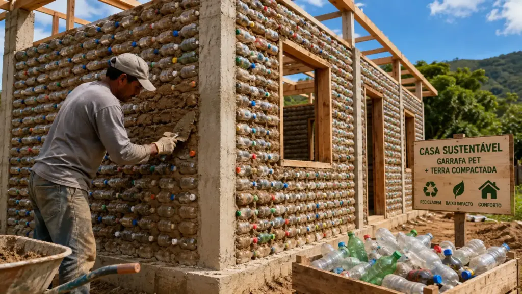 Casas construídas com garrafas PET e terra compactada estão mudando a construção civil: paredes sem cimento podem reduzir materiais convencionais e permitir obras concluídas em apenas 10 dias, unindo reciclagem, baixo custo e uma técnica surpreendentemente resistente
