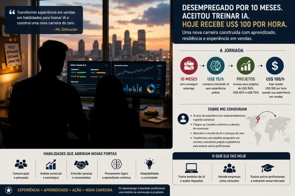 Após 10 meses sem conseguir emprego, profissional aceita treinar IA por US$ 15 a hora, passa por projetos de US$ 30, US$ 45 e US$ 70 e hoje recebe US$ 100 por hora usando experiência em vendas