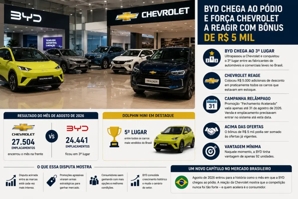 BYD chega ao pódio das montadoras brasileiras e força Chevrolet a reagir com bônus de R$ 5 mil, enquanto Dolphin Mini já alcança 5º lugar entre todos os carros vendidos
