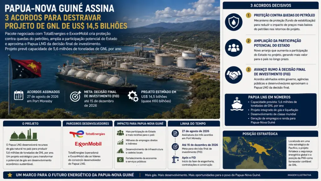 Papua-Nova Guiné assina 3 acordos para destravar projeto de GNL de US$ 14,5 bilhões, mira decisão final até 15 de dezembro e abre caminho para produzir 5,6 milhões de toneladas por ano