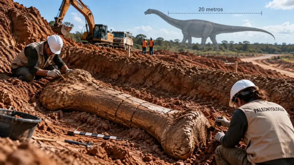 Obra no Maranhão encontra fêmur de 1,55 metro a 8 metros de profundidade e revela dinossauro gigante de 20 metros que viveu há 120 milhões de anos Obra no Maranhão encontra fêmur de 1,55 metro a 8 metros de profundidade e revela dinossauro gigante de 20 metros que viveu há 120 milhões de anos