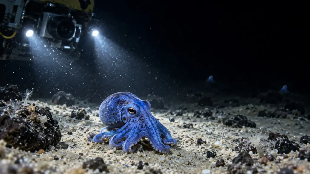Um pequeno polvo azul viveu escondido a quase 1.800 metros de profundidade, só foi visto três vezes pela ciência e agora volta a Galápagos como a referência oficial de uma espécie que ninguém sabia que existia
