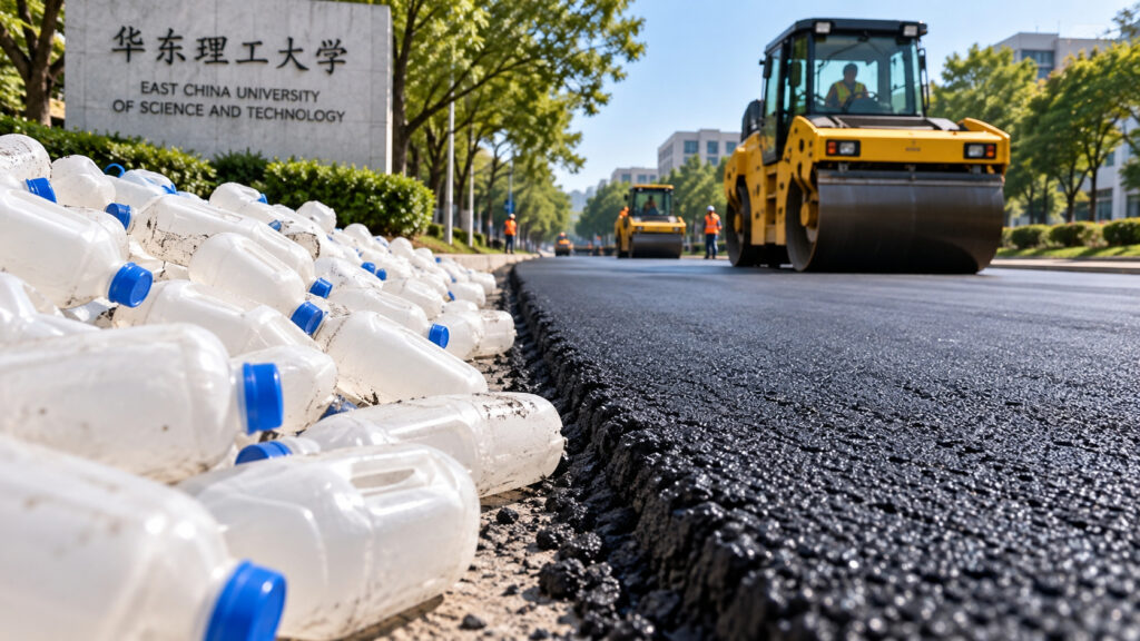 Mais de 6 mil garrafas de leite que poderiam virar lixo foram transformadas em plástico reciclado e usadas no asfalto de uma estrada na China Mais de 6 mil garrafas de leite que poderiam virar lixo foram transformadas em plástico reciclado e usadas no asfalto de uma estrada na China