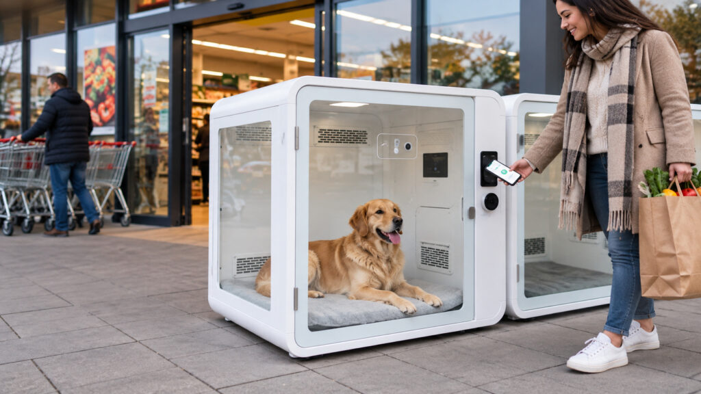 Mercados instalam casas inteligentes com ar-condicionado, câmeras e desinfecção para cães na porta das lojas e criam alternativa para pets que antes ficavam presos em correntes enquanto tutores faziam compras