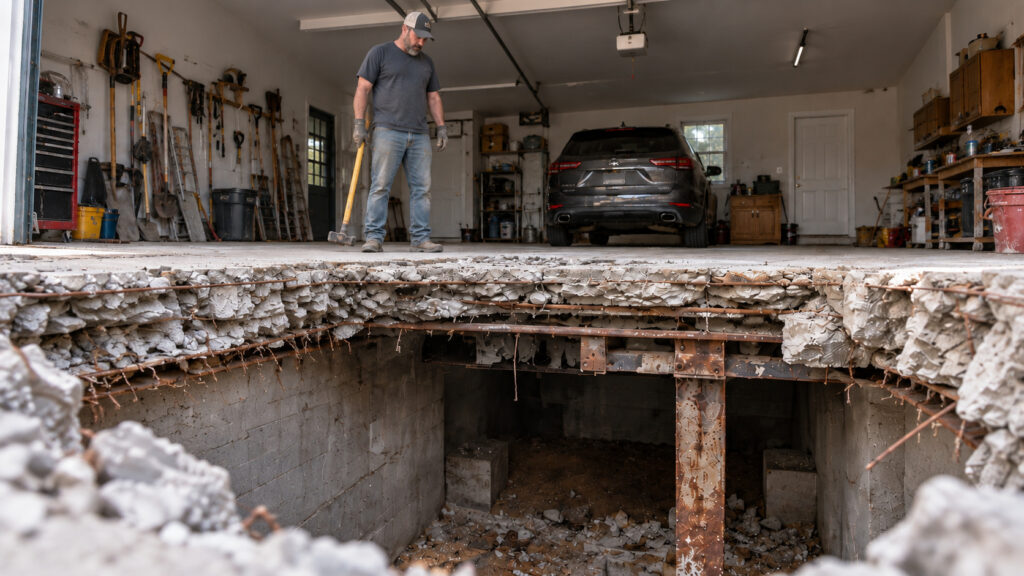 Família tentava consertar rachaduras no piso da garagem onde estacionava dois carros havia anos, chamou um empreiteiro, viu uma marretada abrir o concreto e descobriu sob a casa um grande cômodo vazio, sem acesso pelo porão, com coluna metálica corroída e sinais de falha na construção feita cerca de 30 anos antes
