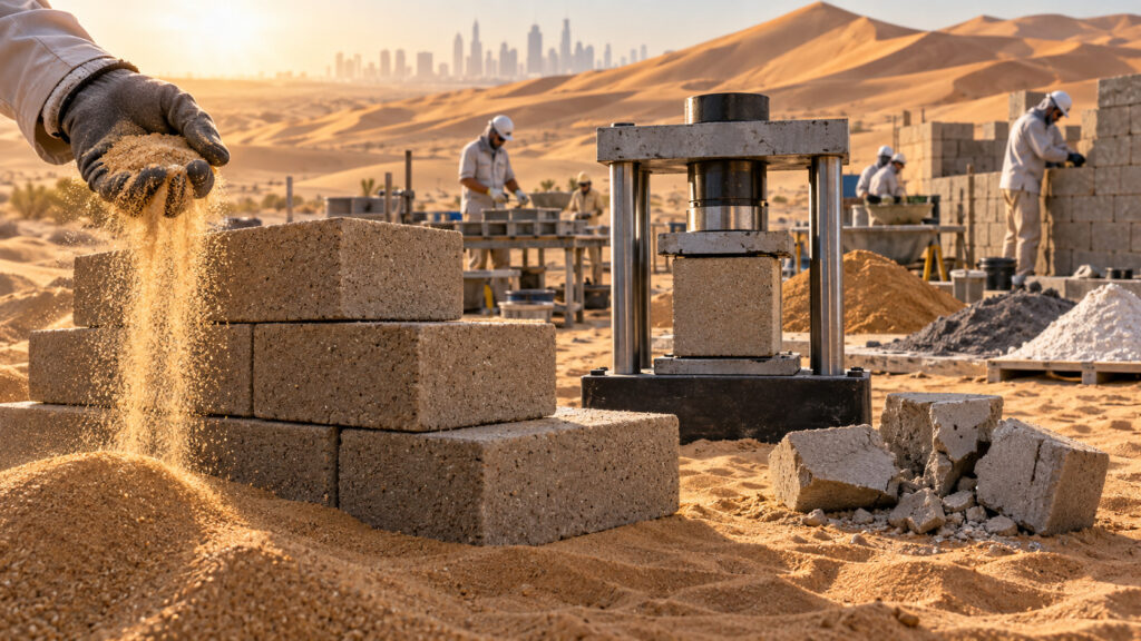 Deserto parecia ter areia de sobra e tijolos de menos, até cientistas transformarem o material rejeitado pela construção em blocos ecológicos que endurecem sem forno e podem superar os convencionais