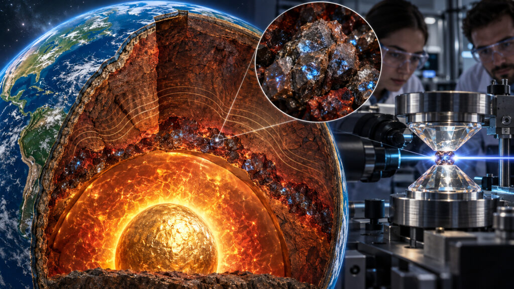 A quase 2.900 km sob nossos pés, cientistas encontram minerais capazes de esconder enormes quantidades de água justamente onde o manto da Terra encontra o núcleo