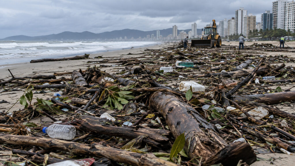 Praia de SC que quase desapareceu sob o avanço do mar, recebeu investimento de R$ 31 milhões e ganhou uma faixa de areia de até 70 metros amanhece coberta por 90 toneladas de galhos, troncos e lixo após chuvas intensas, mobiliza máquinas para uma limpeza gigantesca e expõe o problema ambiental que nenhuma obra de alargamento consegue resolver sozinha: “É a mãe natureza devolvendo o que a gente joga”