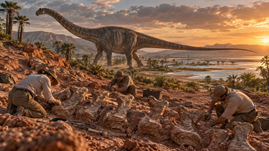 Ele ficou escondido debaixo da terra por 150 milhões de anos e bastaram 14 vértebras para revelar um gigante de 25 metros e derrubar a certeza de que esse mega dinossauro jamais havia saído da América do Norte