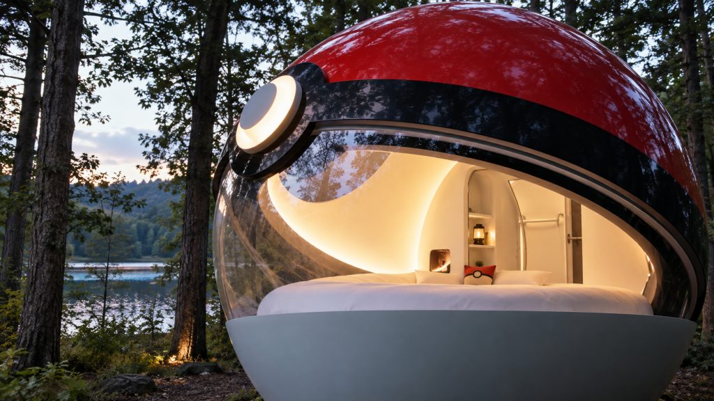 Pokébola gigante de 3 metros vira quarto no meio da natureza no Japão, ganha cama circular, janela para um lago e tecnologia que muda a iluminação, mas apenas 20 pessoas poderão dormir dentro dela