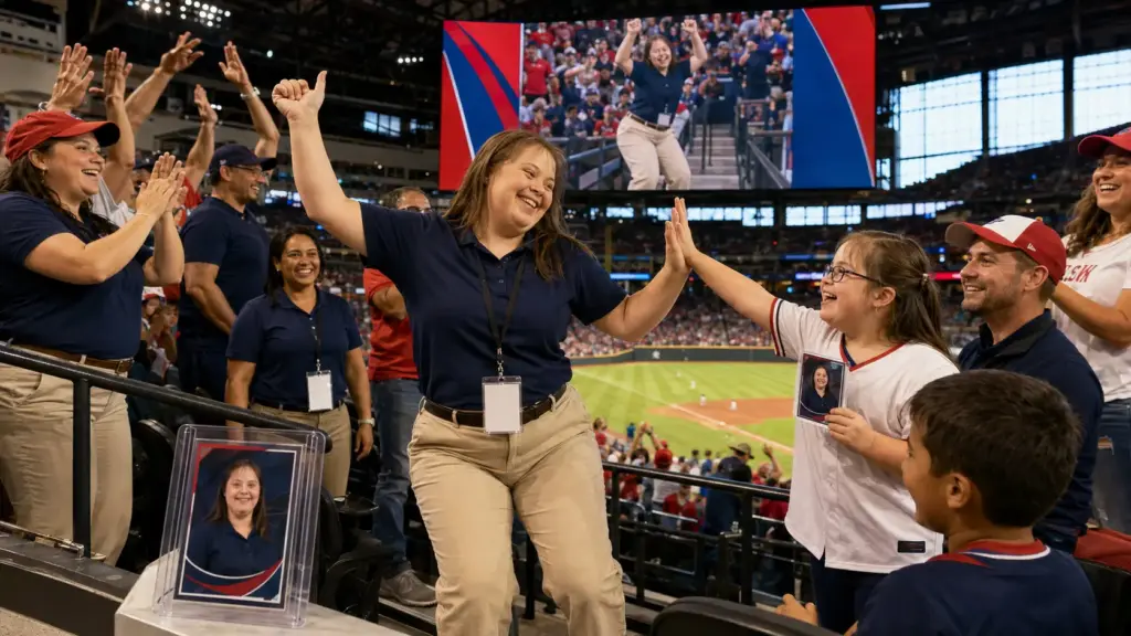 Aos 34 anos, funcionária com síndrome de Down trabalha no Texas Rangers desde 2012, viraliza dançando no telão, ganha cartão próprio e agora inspira crianças a perseguirem os próprios sonhos