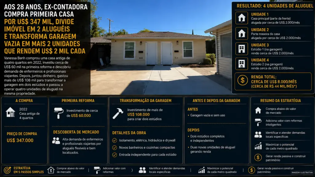 Aos 28 anos, ex-contadora compra primeira casa por US$ 347 mil, divide imóvel em 2 aluguéis e transforma garagem vazia em mais 2 unidades que rendem US$ 2 mil cada Aos 28 anos, ex-contadora compra primeira casa por US$ 347 mil, divide imóvel em 2 aluguéis e transforma garagem vazia em mais 2 unidades que rendem US$ 2 mil cada