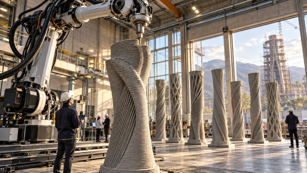 ETH Zurich inova e apresenta robô que imprime nove colunas de concreto de 2,7 metros em 2,5 horas e sem fôrmas