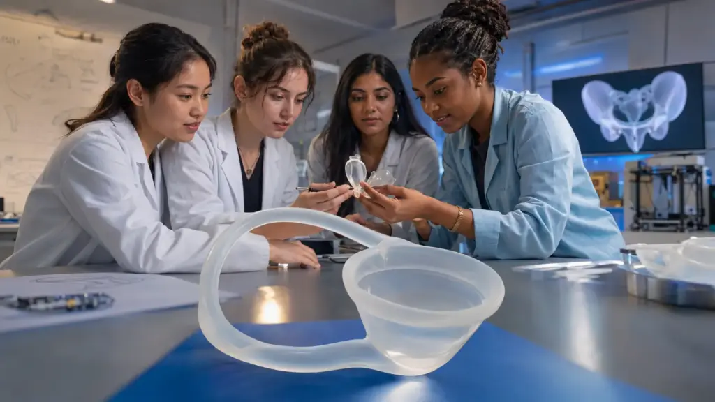 Quatro estudantes ouvem fisioterapeutas, criam dispositivo que sustenta órgãos pélvicos e coleta o fluxo menstrual ao mesmo tempo, transformam trabalho de faculdade em patente nos EUA e agora buscam empresa para levá-lo ao mercado