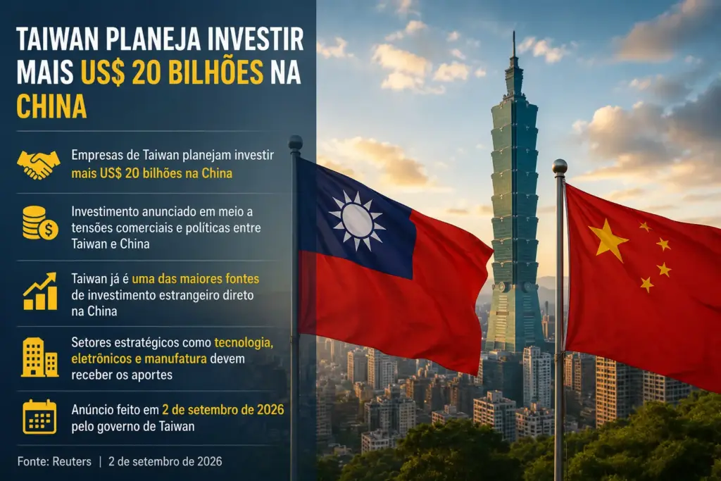 Taiwan prepara mais US$ 20 bilhões em investimentos empresariais nos Estados Unidos além da TSMC, enquanto boom da IA acelera corrida mundial por fábricas de chips