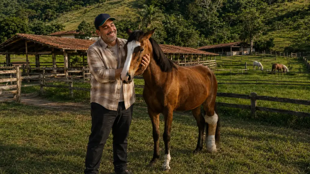 Aos 46 anos, André Marques recuperou a fazenda deixada pelo pai em 2025 e transformou a propriedade no Rio de Janeiro em refúgio, onde mantém cavalos, cabras, cães e uma minipônei e acolhe égua com deficiência que seria encaminhada ao abate