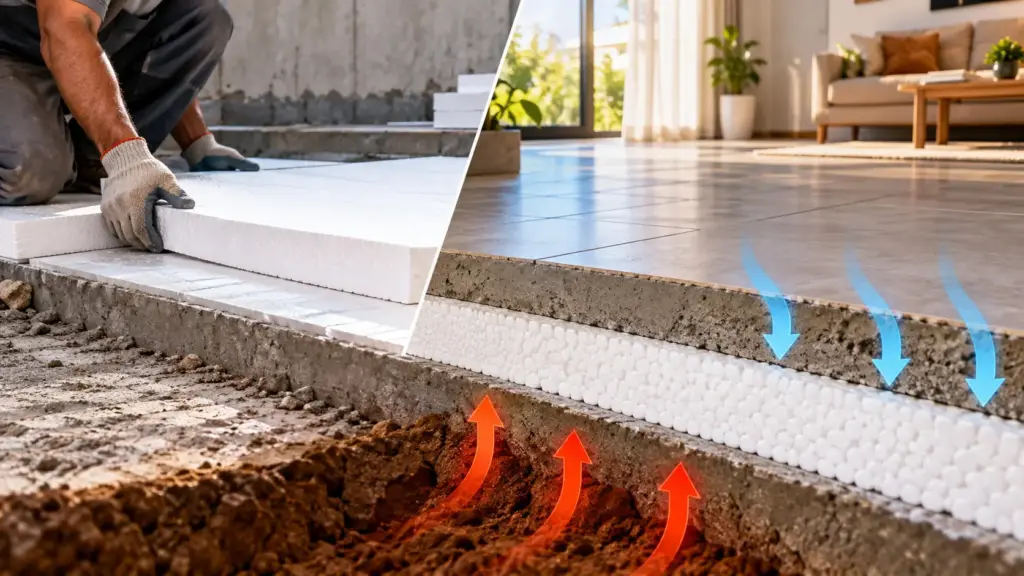 Um material usado em embalagens ganha nova função na construção: isopor instalado sob o contrapiso cria uma barreira térmica que reduz a passagem de calor pelo piso e pode ajudar a diminuir um problema comum dentro da casa