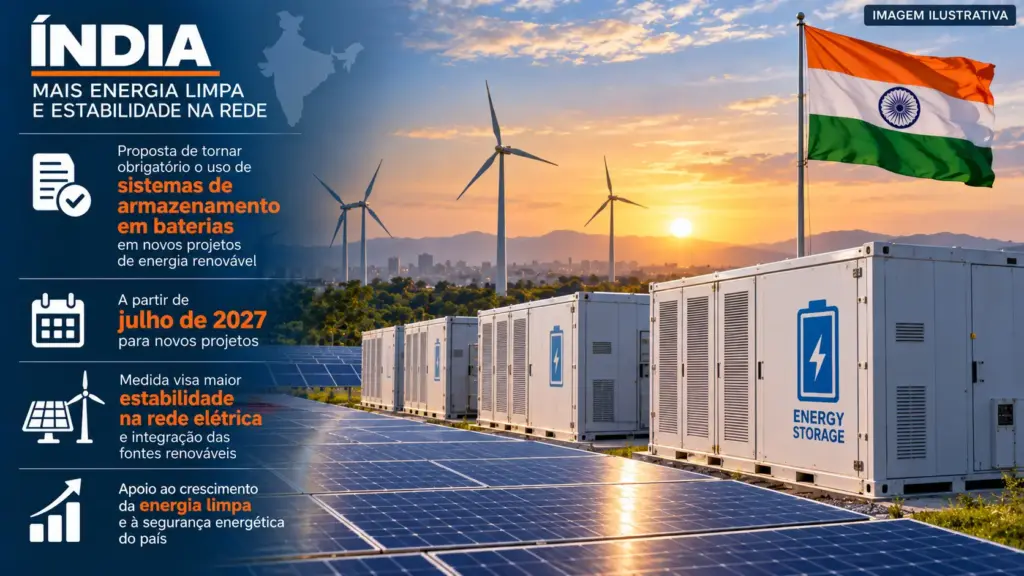 Índia prepara regra que obriga novas usinas solares e eólicas a instalar armazenamento de 10% por pelo menos 2 horas após desperdiçar quase 14% da geração solar