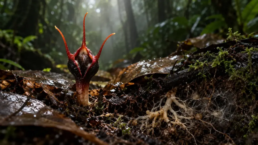 Botânicos encontram flor negra com “chifres” escondida numa floresta da Tailândia e descobrem que ela não faz fotossíntese, depende de fungos para sobreviver e possui menos de 50 exemplares são conhecidos no mundo