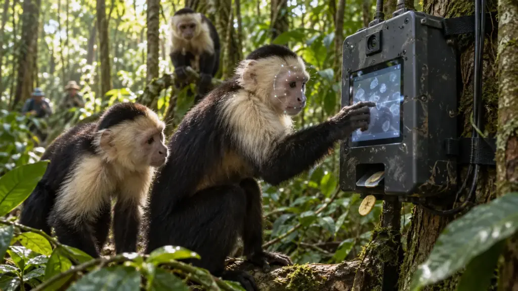 Macacos selvagens encontram uma máquina com IA no meio da floresta, dão tapas, mordem e puxam até uma banana aparecer, em poucos dias, aprendem a usar a tela e sistema reconhece cada um com 97% de precisão