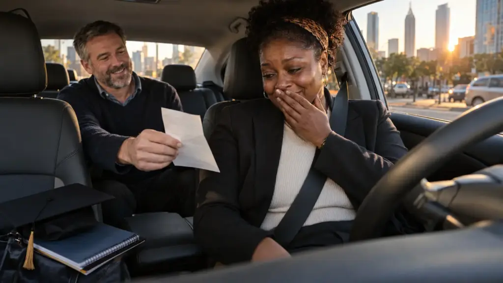 Motorista de Uber e mãe solo de três filhos conta a passageiro que abandonou a faculdade por dívida de US$ 693, recebe gorjeta de US$ 150 para pagar a conta de luz, tem o débito quitado pelo desconhecido e, três anos depois, conquista dois diplomas com ele nas arquibancadas
