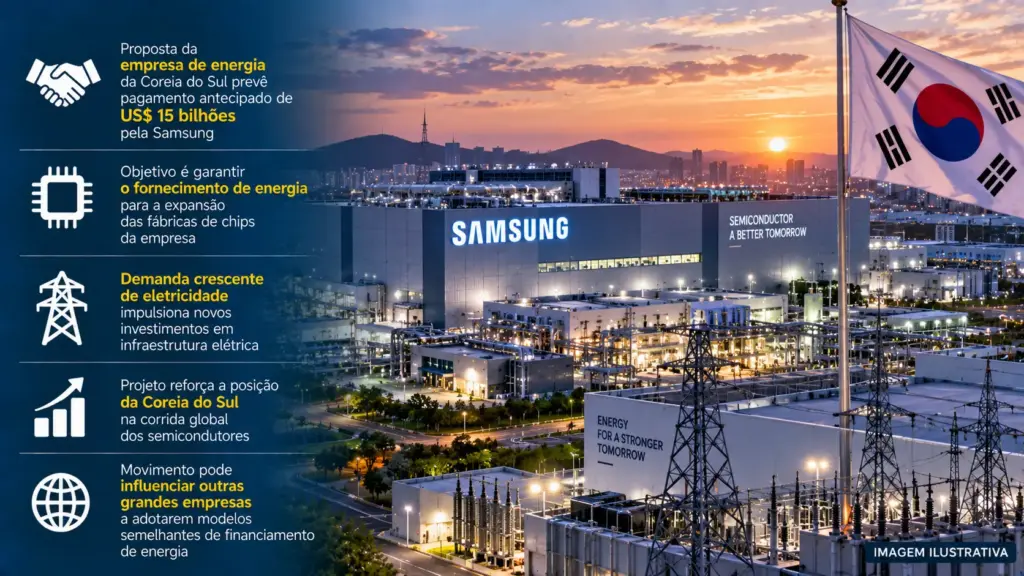 Samsung recebe proposta para antecipar US$ 15 bilhões em conta de luz até 2031 enquanto Coreia corre para construir rede elétrica para novas fábricas de chips