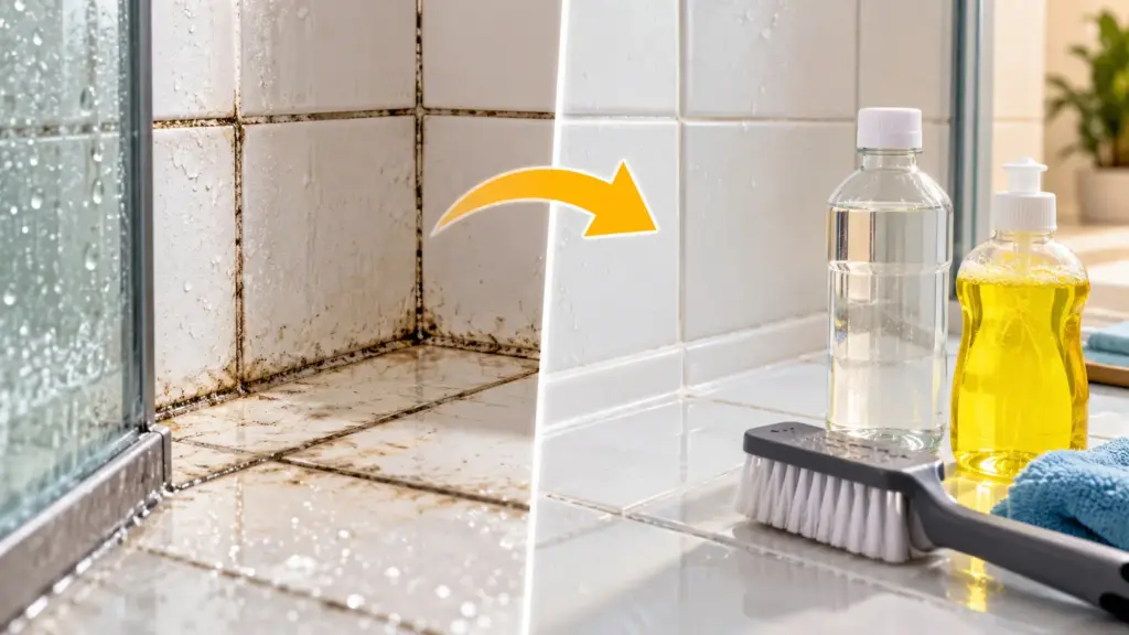 Banheiro com rejunte escurecido pode ganhar outra aparência sem cloro: vinagre de álcool e detergente neutro formam uma combinação simples para a limpeza, usando apenas 2 produtos comuns e evitando o uso de água sanitária Banheiro com rejunte escurecido pode ganhar outra aparência sem cloro: vinagre de álcool e detergente neutro formam uma combinação simples para a limpeza, usando apenas 2 produtos comuns e evitando o uso de água sanitária