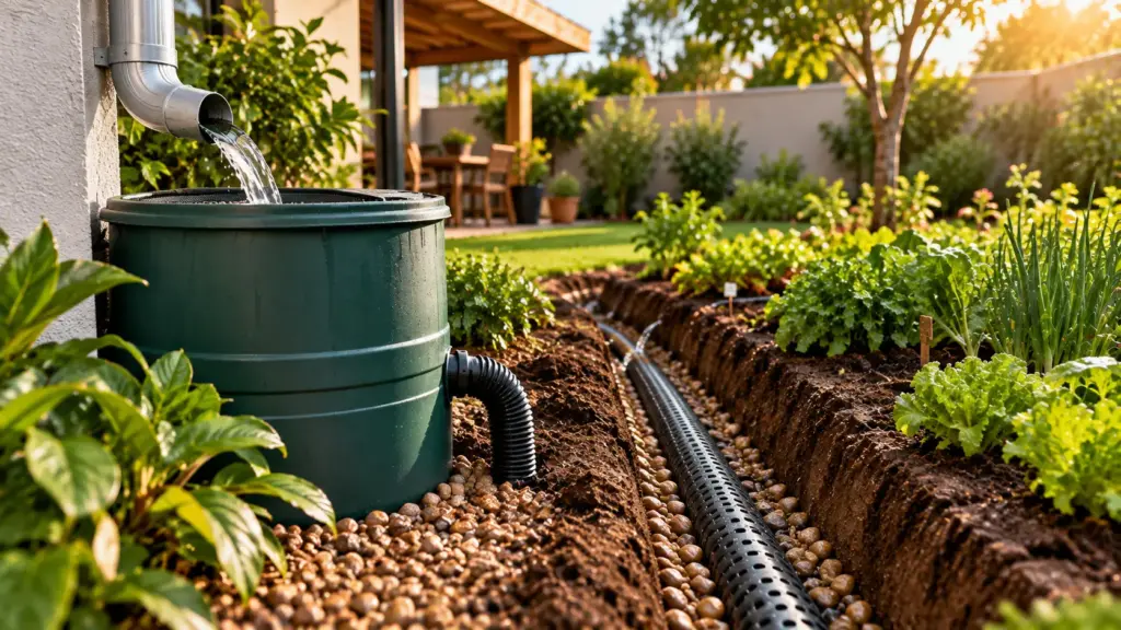 Tubo de drenagem no jardim transforma água da chuva em reserva para plantas: sistema simples direciona o escoamento para áreas de cultivo, reduz desperdícios e ajuda a manter o solo úmido, aproveitando cada chuva como recurso para irrigação