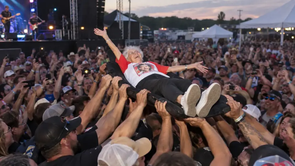 Aos 99 anos e 274 dias, avó aceita desafio do neto, é carregada em uma maca sobre multidão durante show no Texas e entra para o Guinness como a pessoa mais velha a fazer crowd surf