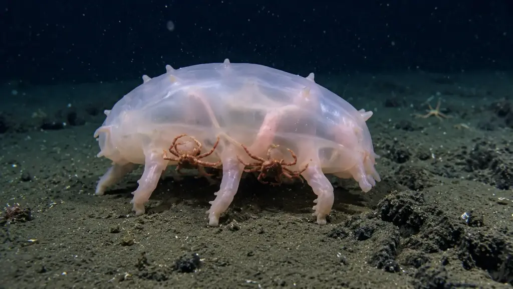 Criatura translúcida que parece um porco vive a milhares de metros no fundo do oceano, caminha com pés tubulares e vira abrigo móvel para filhotes de caranguejo-rei
