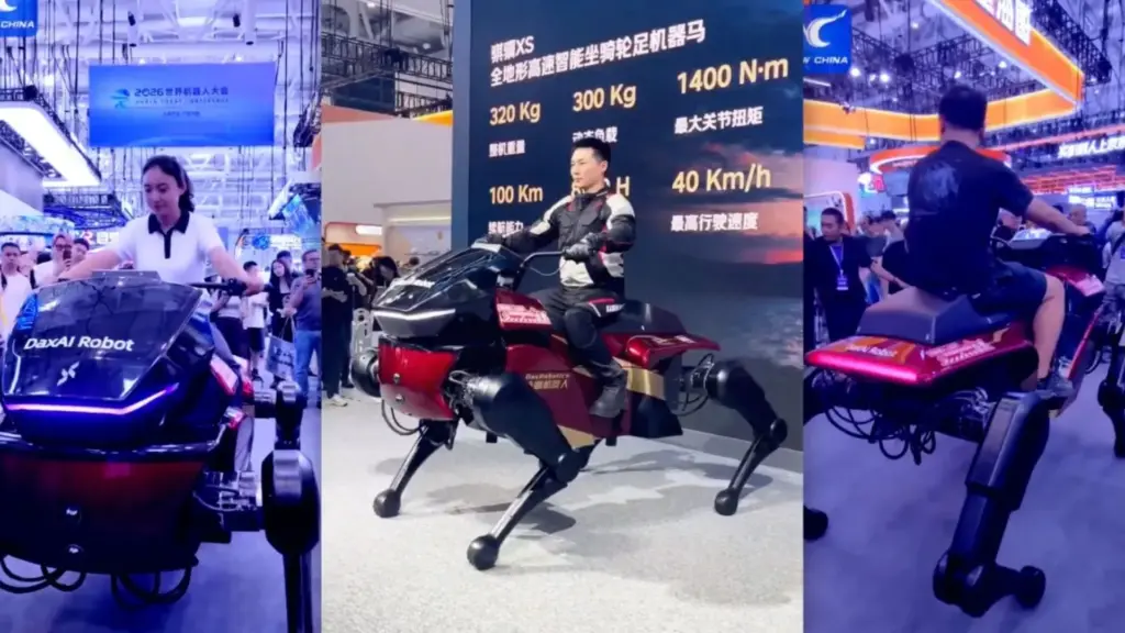 China apresenta robô quadrúpede de 320 kg que pode ser pilotado como uma motocicleta, usa quatro pernas articuladas e rodas retráteis para chegar a 40 km/h, promete até 100 km de autonomia e já tem produção em série prevista para 2026 enquanto o Japão ainda trabalha em conceito semelhante
