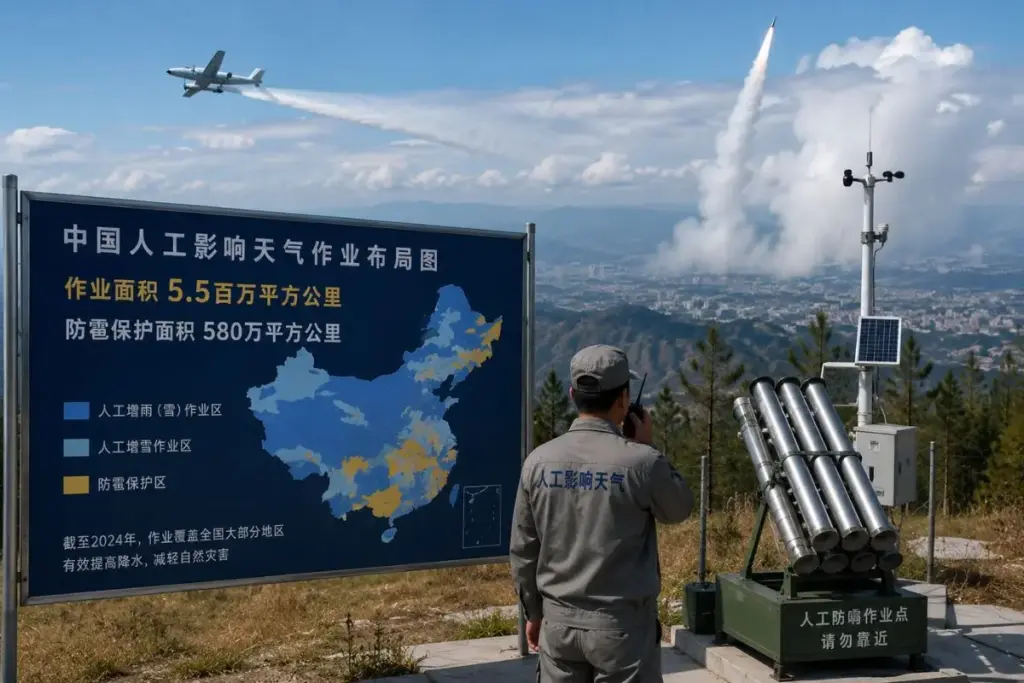 China expande seu programa de modificação do clima para cobrir 5,5 milhões de km² com chuva e neve artificiais, área 1,5 vez maior que a Índia, incluindo 580 mil km² de proteção contra granizo