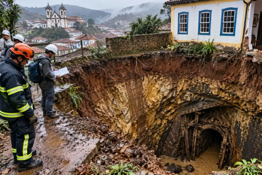 Chuvas abrem uma cratera de 14 metros no quintal de uma casa de Ouro Preto e revelam uma mina de ouro histórica escondida sob o bairro Alto da Cruz, mobilizando bombeiros e professores da Ufop especializados nos subterrâneos da cidade