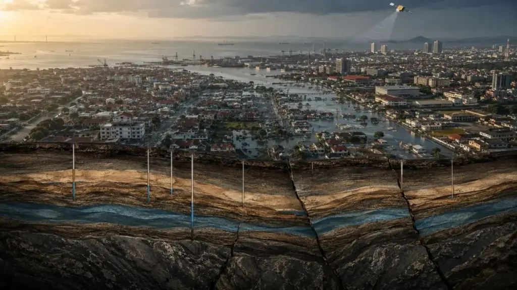 Cidade da Indonésia afunda até 15,2 centímetros por ano, e dados de satélite de uma década revelam que falhas geológicas profundas, aquíferos e retirada de água subterrânea estão deformando o terreno de Semarang, onde o rebaixamento do solo já contribui para inundações crônicas em áreas urbanas próximas à costa